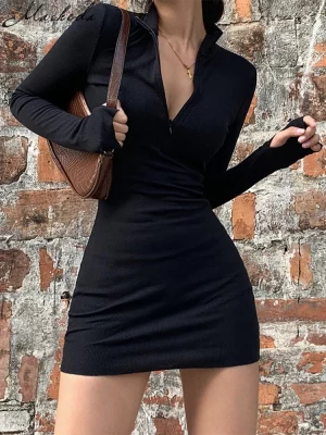 Macheda Elegant Autumn Winter Black Bodycon Dress Women 2022 Turtleneck Slim Ribbed Knitted Long Sleeve Mini Dress Vestido - Image 2