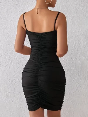 Ruched Bodycon Spaghetti Dress, Sexy Backless V-neck Cami Dress, Women's Clothing - Image 2