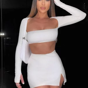 Hugcitar Women New 2 Pcs Set Solid Long Sleeves Square Neck Backless Bandage Crop Top Slit Skirt Summer Rave Festival Outfit