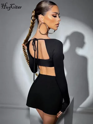 Hugcitar Women New 2 Pcs Set Solid Long Sleeves Square Neck Backless Bandage Crop Top Slit Skirt Summer Rave Festival Outfit - Image 5