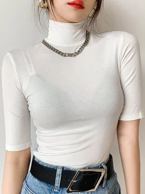 Basic Cotton T Shirt Women Turtleneck Slim Tshirt Short Sleeve T-shirts Female Casual Elasticity White Tee Shirt Femme Woman Top - Image 3