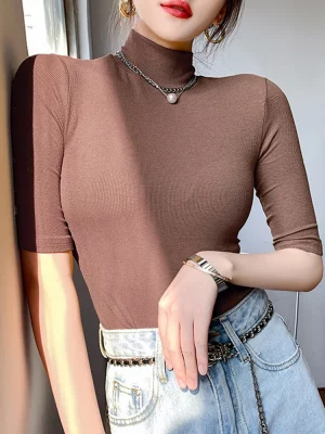 Basic Cotton T Shirt Women Turtleneck Slim Tshirt Short Sleeve T-shirts Female Casual Elasticity White Tee Shirt Femme Woman Top - Image 5