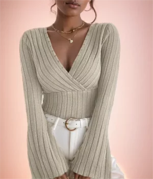 Women's Fall and Winter Long-sleeved Tops, V-neck Sexy Slim Striped Women's Tops, Long-sleeved T-shirt Knitted Bottoming Shirt - Image 3