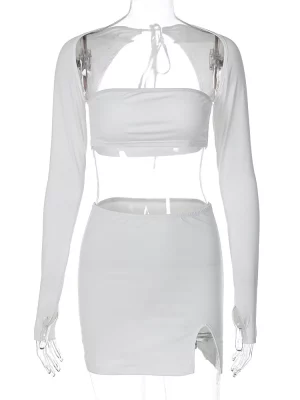 Hugcitar Women New 2 Pcs Set Solid Long Sleeves Square Neck Backless Bandage Crop Top Slit Skirt Summer Rave Festival Outfit - Image 6