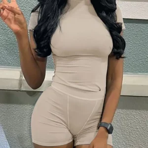 Casual Workout Two Piece Outfits for Women Fitted Crew Neck T-shirt High Waist pants Matching Sets Streetwear