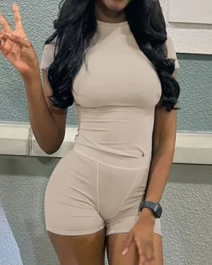 Casual Workout Two Piece Outfits for Women Fitted Crew Neck T-shirt High Waist pants Matching Sets Streetwear