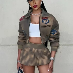 Nibber Tie-Dye 2 Piece Set Tracksuit Women Letter Print Zip Jacket+Waistband Puffy Skirt Matching Street Casual Vintage Suit