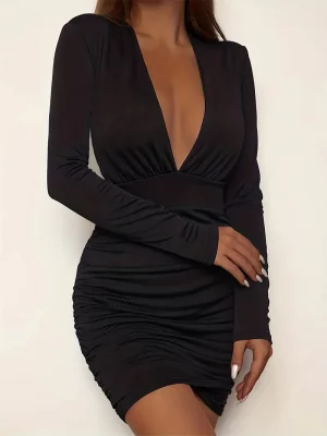[You're My Secret] Women's Ruched Bodycon Plunging V Neck Dress Solid Fashion Sexy Long Sleeve Dress For Spring Fall Basic 2024 - Image 2