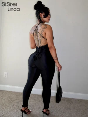New Women's Hanging Neck Low Cut Open Back Sexy Jumpsuit Popular in Spring 2024 European And American Style Nightclub Jumpsuit - Image 2