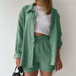 Women's Summer Suit Short Sets Outfits Muslin Suit For Women 2024 Two Piece Female Clothing Solid Button Outfits Matching sets
