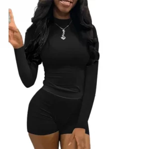 Women's 2-piece ribbed long sleeved slim fit round neck T-shirt high waisted shorts casual matching set