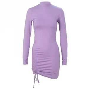 Elegant Lace Up Dress Solid Pleated Slim Fit Party Bodycon Female Sexy Mini Dresses Purple Black Vestidos - Image 5