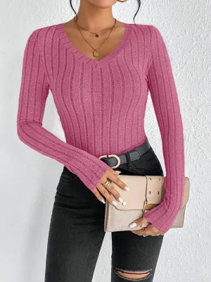 Autumn Spice Girl style sexy thin V-neck design sense fashion personality solid color women's T-shirt - Image 5