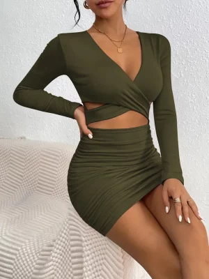Women's Elegant Autumn/Winter Long sleeved V-neck Sexy Nightclub Tight Waist Wrapped Butt Mid length Dress 2024 New Style - Image 3