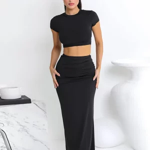 Nibber Basic 2 Piece Set Women Tracksuit Hipster Solid Casual Short Sleeve O-neck T-shirts+Matching Hip Skirt Bare Midriff Suit