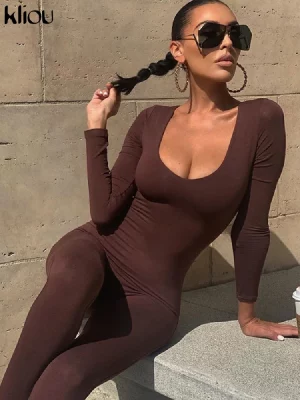 Kliou Autumn Solid Stretchy Bodycon Jumpsuits Women Slim Casual Skinny Streetwear Active Fitness Sporty Work Out Rompers - Image 3