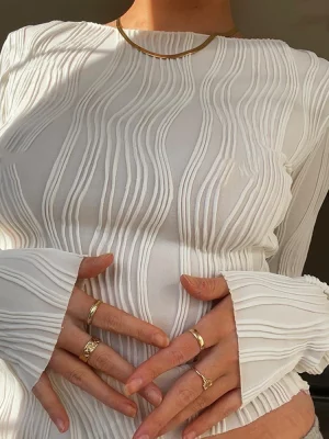 Woman Fashion Casual Ruched Long Sleeve T-shirt Blouses Female White Skinny Cropped Bottoming Shirt Autumn Y2K Top Clothes - Image 5