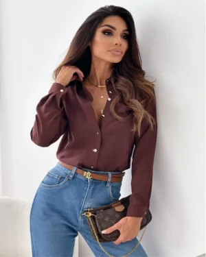 Women Elegant Solid Chiffon Blouse Spring Summer Casual Long Sleeve V Neck Loose Shirt Office Lady Tunics Oversized Tops 2024 - Image 4