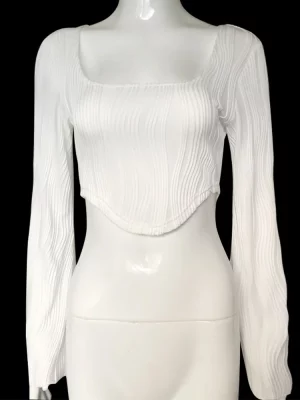 Long Sleeve Women Textured Crop Tops Fashion Scoop Neck Hanky Hem Solid Color Short Slim Fit T-Shirt Female Streetwear - Image 6