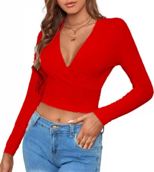 2024 New Sexy Slim Solid V-neck Knitted Long-sleeved T-shirt Top Women's Wear - Image 6