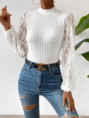 2024 New Fashion Versatile Women's jumpsuit Elegant Slim Fit Round Neck Lace Long Sleeve jumpsuit Available in Multiple Colors - Image 5