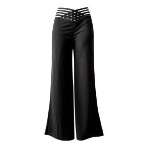 Women Flared Pants Elegant Office Lady Casual High Waist Trousers Spring Summer Solid Crisscross Sheer Mesh Patch Wide Leg Pant - Image 5