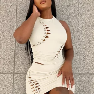 Hugcitar Pure Color O Neck Cut Out Sexy Ruched Crop Tank Top Mini Skirt 2 Piece Matching Sets 2023 Summer Casual Vacation Sports