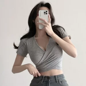Low Cut V-neck Slim Fit Cropped Tops Open Back Two-way Wear Short Sleeves Tslims Slimming Base Layer Top For Women - Image 3
