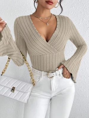 Women's Fall and Winter Long-sleeved Tops, V-neck Sexy Slim Striped Women's Tops, Long-sleeved T-shirt Knitted Bottoming Shirt - Image 5