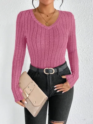 Autumn Spice Girl style sexy thin V-neck design sense fashion personality solid color women's T-shirt - Image 3
