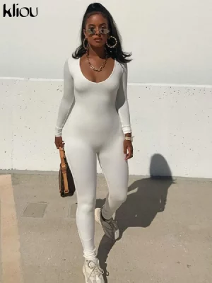 Kliou Autumn Solid Stretchy Bodycon Jumpsuits Women Slim Casual Skinny Streetwear Active Fitness Sporty Work Out Rompers - Image 4