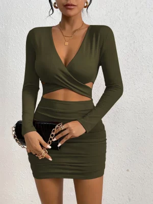 Women's Elegant Autumn/Winter Long sleeved V-neck Sexy Nightclub Tight Waist Wrapped Butt Mid length Dress 2024 New Style - Image 4