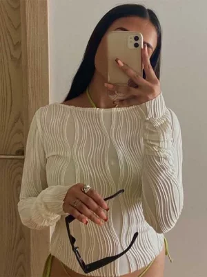 Woman Fashion Casual Ruched Long Sleeve T-shirt Blouses Female White Skinny Cropped Bottoming Shirt Autumn Y2K Top Clothes - Image 3