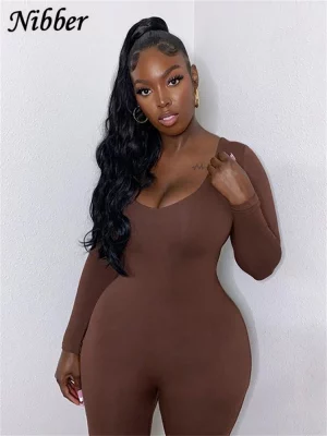 Nibber Basic Bodycon Jumpsuit For Women‘s Clothing Casual Brown Fitness Rompers 2023 Y2K Playsuit Activity Streetwear Overalls - Image 3