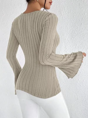 Women's Fall and Winter Long-sleeved Tops, V-neck Sexy Slim Striped Women's Tops, Long-sleeved T-shirt Knitted Bottoming Shirt - Image 2