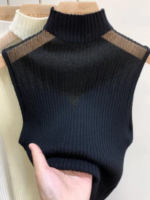 Mesh Knitted Top Women Y2K Tank Top Half Neck Vest Female Sleeveless Sweater Chic Cut Out Streetwear Solid Skinny Tube Top - Image 3