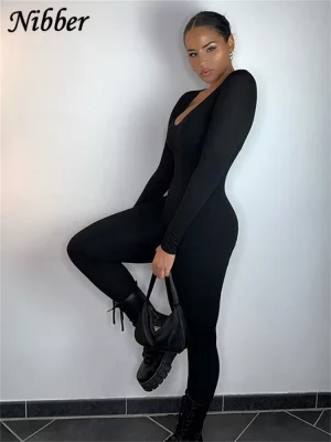 Nibber Basic Bodycon Jumpsuit For Women‘s Clothing Casual Brown Fitness Rompers 2023 Y2K Playsuit Activity Streetwear Overalls - Image 2