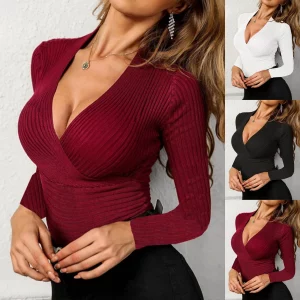 V Neck Solid Fashion Sexy Womens Blouse Holiday Casual Tops Womens Solid T Shirts Long Sleeve Fitted Fit Mom Tee Shirts Womens - Image 6