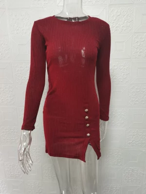 Solid color women's round neck buttocks wrapped long sleeved dress - Image 5