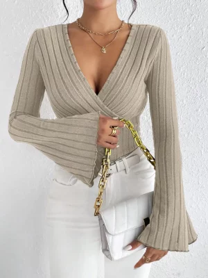 Women's Fall and Winter Long-sleeved Tops, V-neck Sexy Slim Striped Women's Tops, Long-sleeved T-shirt Knitted Bottoming Shirt - Image 4
