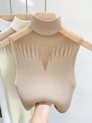 Mesh Knitted Top Women Y2K Tank Top Half Neck Vest Female Sleeveless Sweater Chic Cut Out Streetwear Solid Skinny Tube Top - Image 2