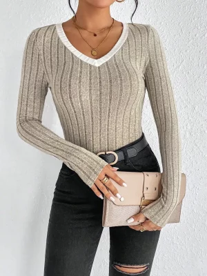 Women's Slim Sexy Knit Long Sleeve Top Women's V-Neck Neck Edge Clash Top New Autumn and Winter Women's Casual Pullover - Image 4