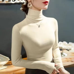 2023 Fashion Autumn Winter Female Turtleneck Fleece Stretch Shirt Women Long Sleeve T-shirt Warm Basic Pullover Bottoming Tops - Image 3
