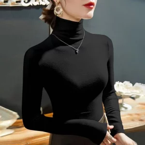 2023 Fashion Autumn Winter Female Turtleneck Fleece Stretch Shirt Women Long Sleeve T-shirt Warm Basic Pullover Bottoming Tops - Image 2
