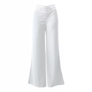 Women Flared Pants Elegant Office Lady Casual High Waist Trousers Spring Summer Solid Crisscross Sheer Mesh Patch Wide Leg Pant - Image 4
