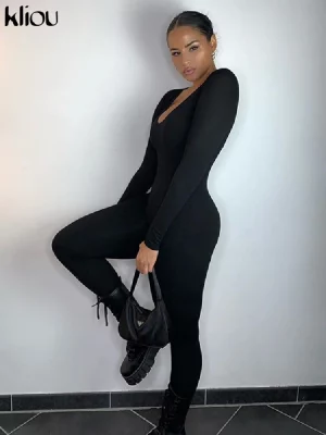 Kliou Autumn Solid Stretchy Bodycon Jumpsuits Women Slim Casual Skinny Streetwear Active Fitness Sporty Work Out Rompers - Image 2