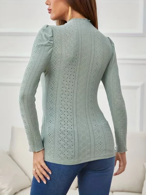 Women's Plain Eyelet Embroidery Lettuce Trim Tee Elegant Mock Neck Leg of Mutton Sleeve T Shirt for Spring Fall Fashion Women's - Image 2