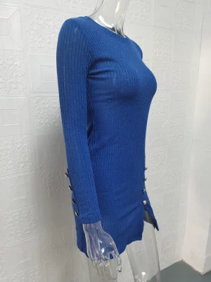 Solid color women's round neck buttocks wrapped long sleeved dress - Image 4