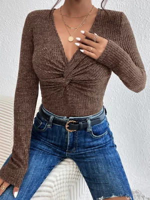 Bottom Sexy Hot Diamond V-neck Long Sleeve Split Flared Sleeve Sweater Knit Autumn Wear - Image 2