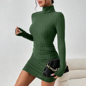 New Solid Dresses Autumn Winter Women Long Sleeves Turtleneck Sexy Bodycon Sheath Mini Dress Club Elegant Party Knitted Dresses - Image 3